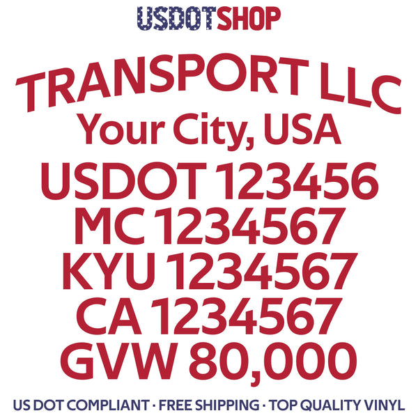 arched transport name city usdot mc kyu ca gvw decal