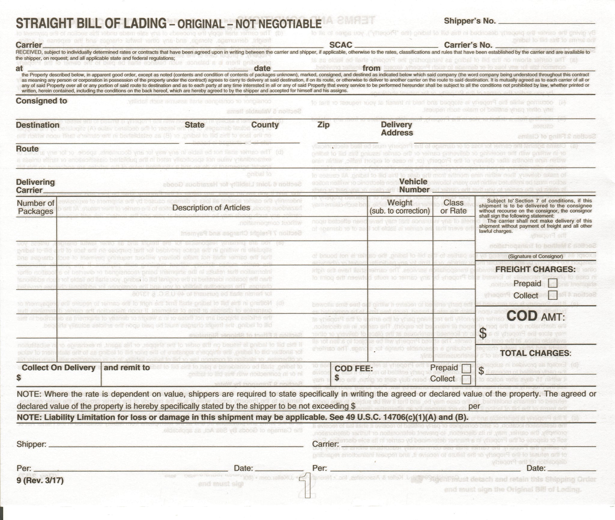 FMCSA Straight Bill of Lading Paper Sheet (Original)
