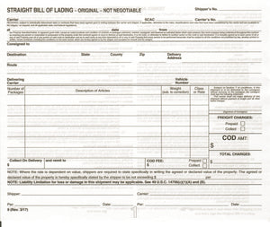 FMCSA Straight Bill of Lading Paper Sheet (Original)
