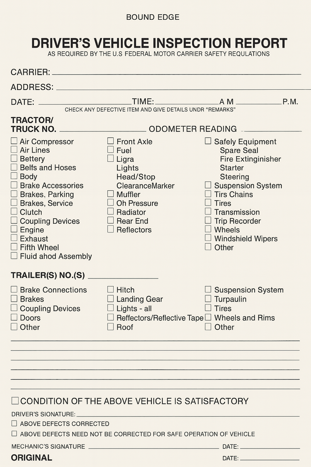 FMCSA Driver's Vehicle Inspection Report Sheet