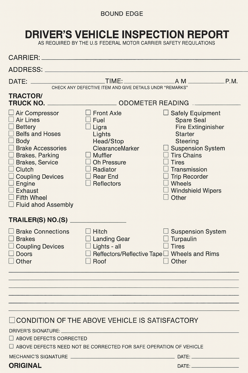 Roadside Inspection Form FMCSA Driver's Vehicle Inspection Report Sheet – USDOT SHOP