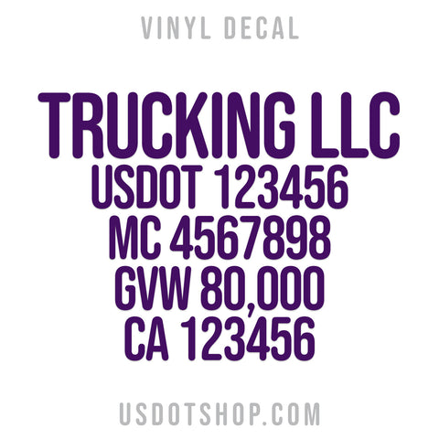 Trucking company name decal with regulation numbers