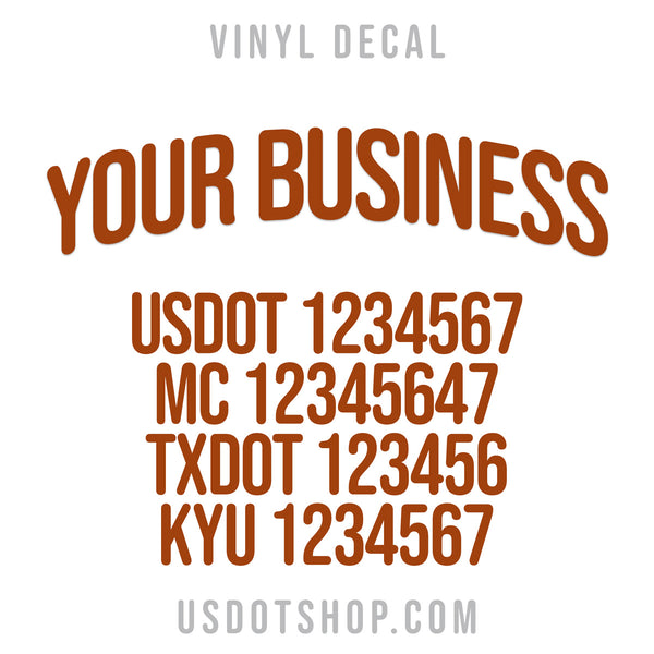 arched company name decal with usdot, mc, txdot, kyu