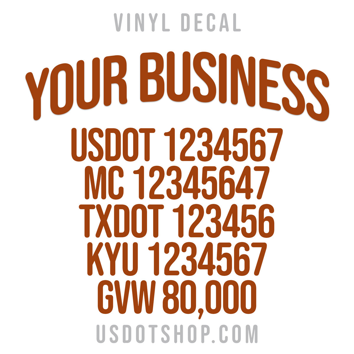 company name decal with usdot, mc, txdot, kyu, gvw