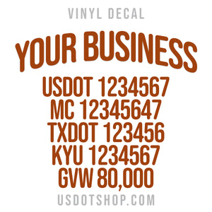 company name decal with usdot, mc, txdot, kyu, gvw