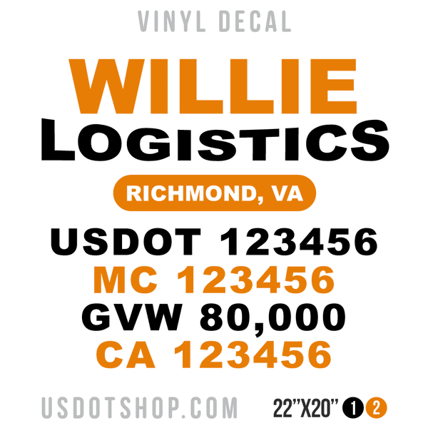 Truck Door Decal, Company Name, Location, USDOT, MC, GVW, CA