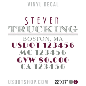 Truck Door Decal, Company Name, Location, USDOT, MC, GVW, CA