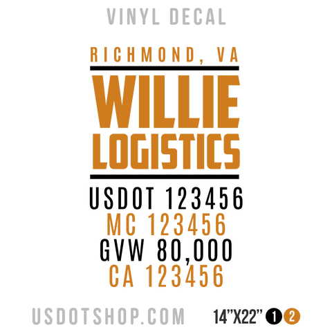 Truck Door Decal, Company Name, Location, USDOT, MC, GVW, CA