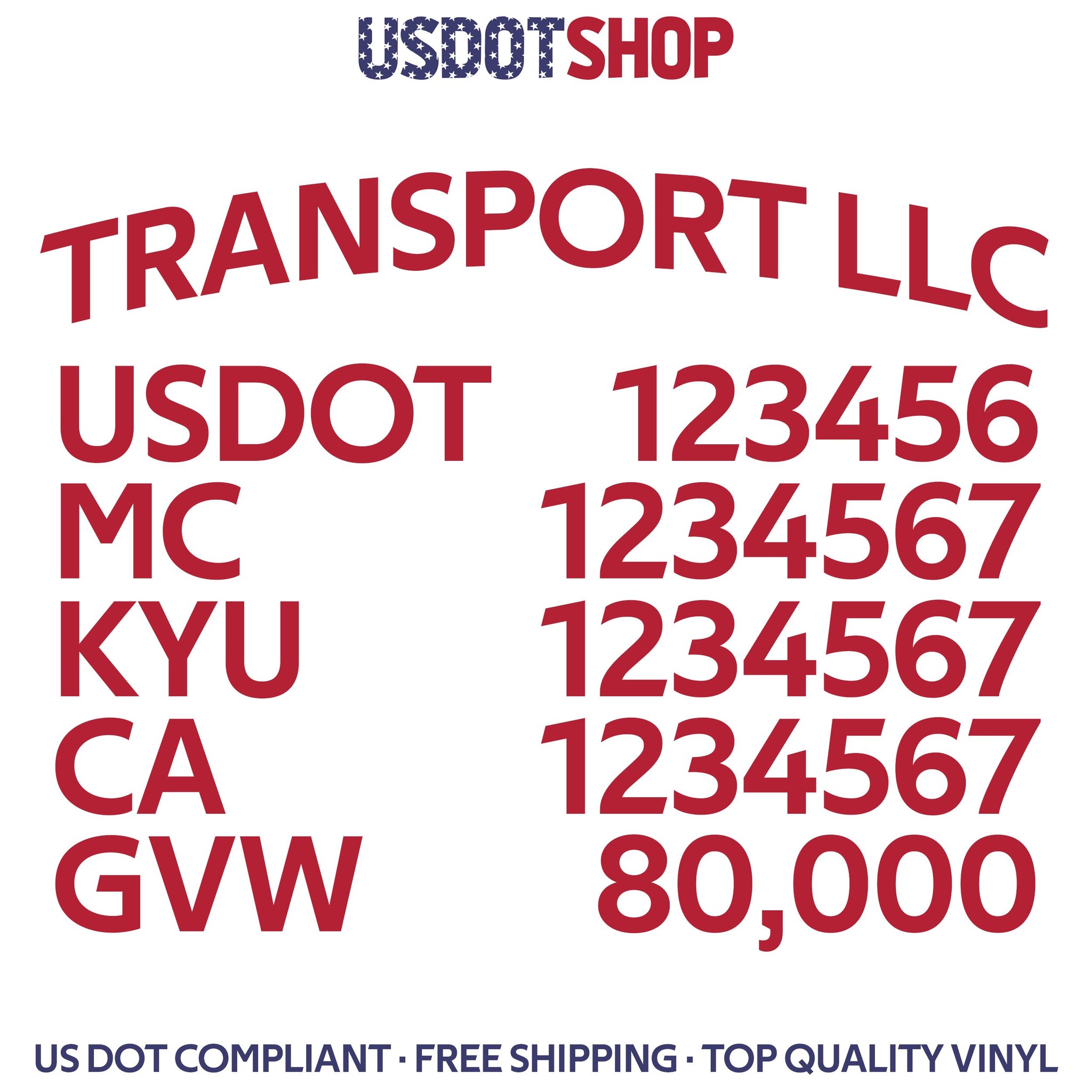 arched company name, usdot, mc, kyu, ca & gvw number decal sticker