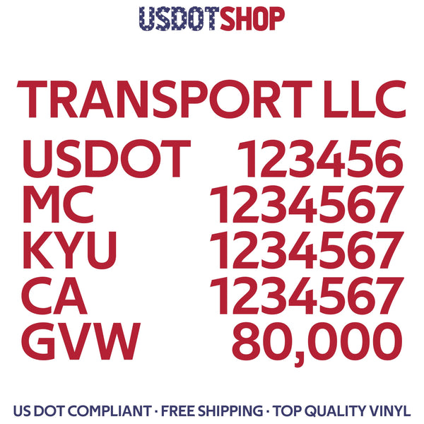 company name, usdot, mc, kyu, ca & gvw truck decal sticker
