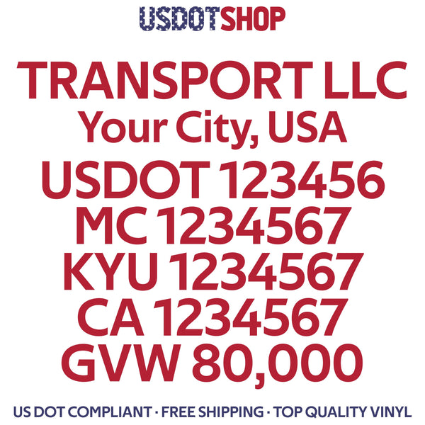 transport name, city, usdot mc kyu ca gvw decal sticker