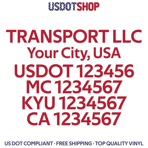 transport company name, city, usdot, mc kyu ca decal sticker