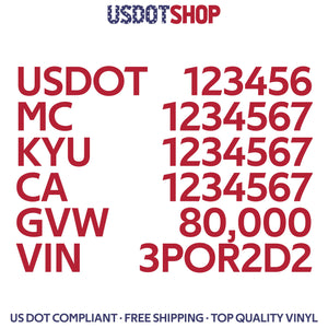 usdot, mc, kyu, ca, gvw, vin number truck decal sticker